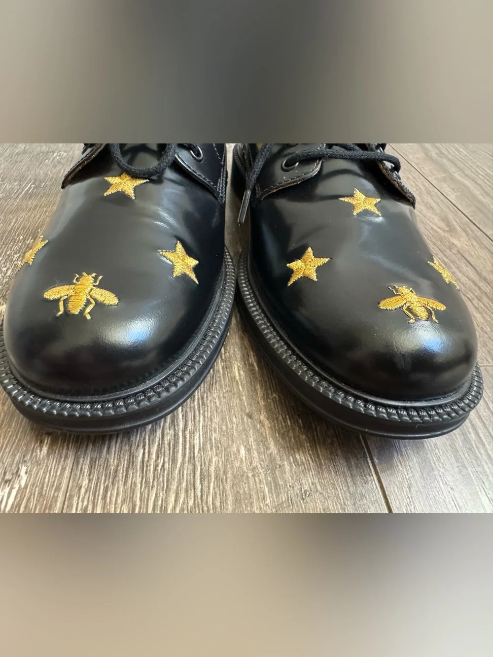 Gucci Kids EU 33 Black Leather Bee Star Embroidered Derby Dress Shoes Sylvie Web